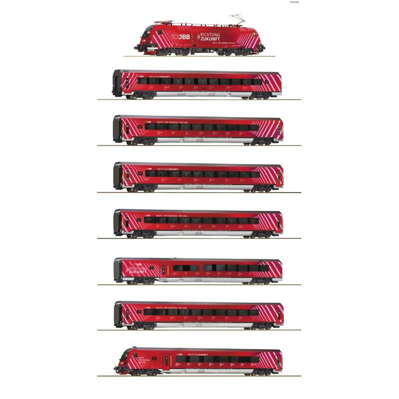 Roco 551002 zestaw lokomotywa oraz 7 wagonów RAILJET w malowaniu  100lat OBB