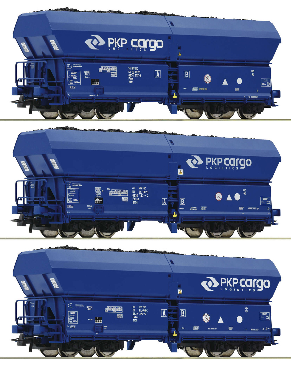 Zestaw 3 wagonów towarowych samowyładowczych typu Falns, PKP Cargo (Roco 76046) 